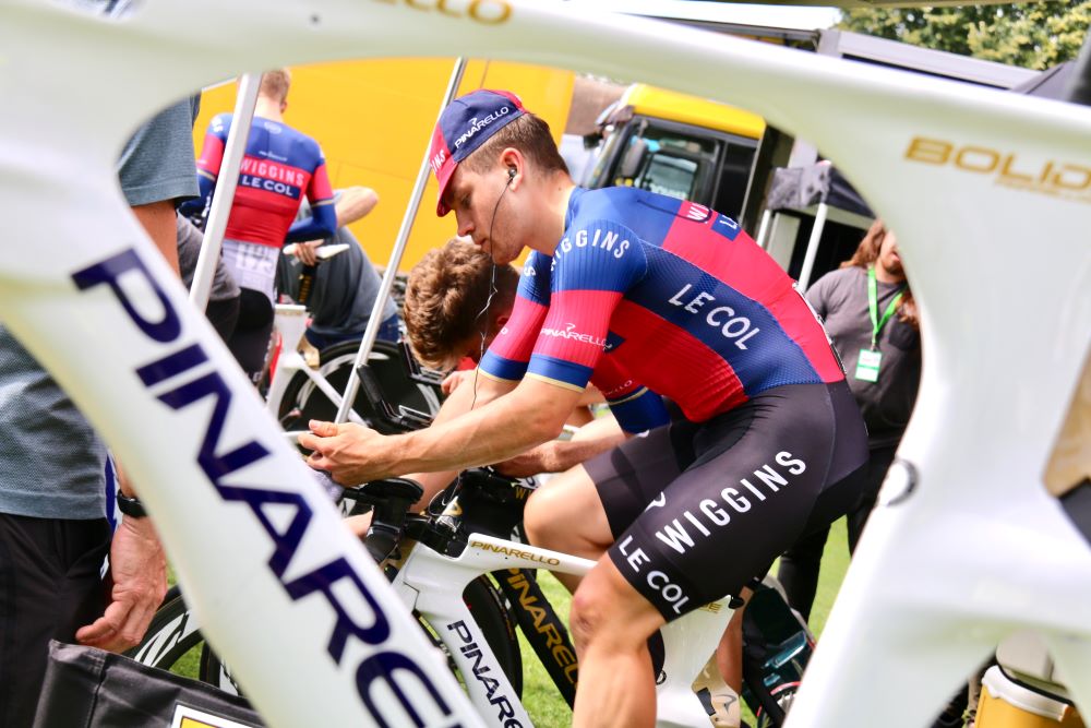 man riding turbo trainer