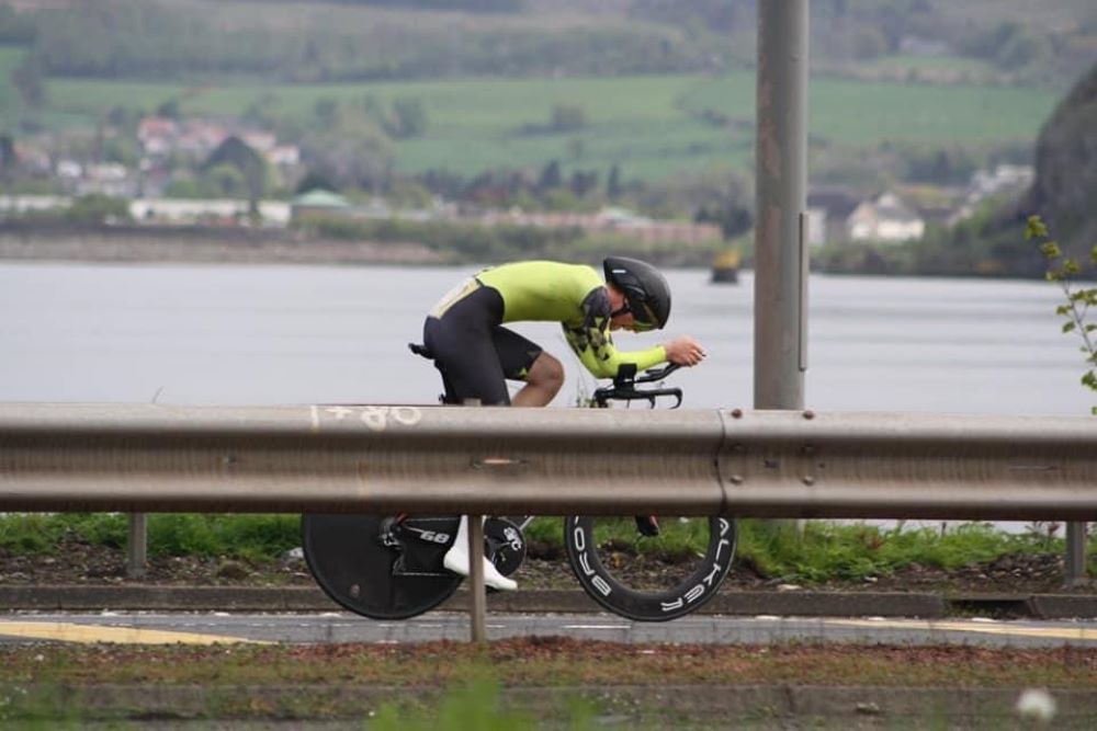 A bike rider in the time trial position