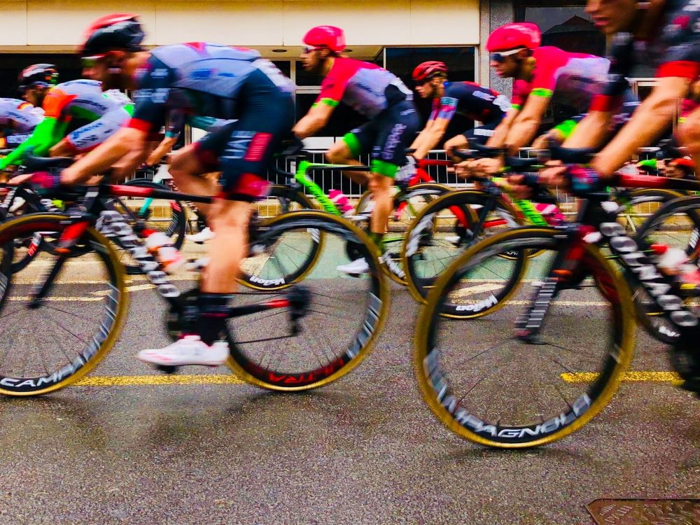 Bike racers passing at speed