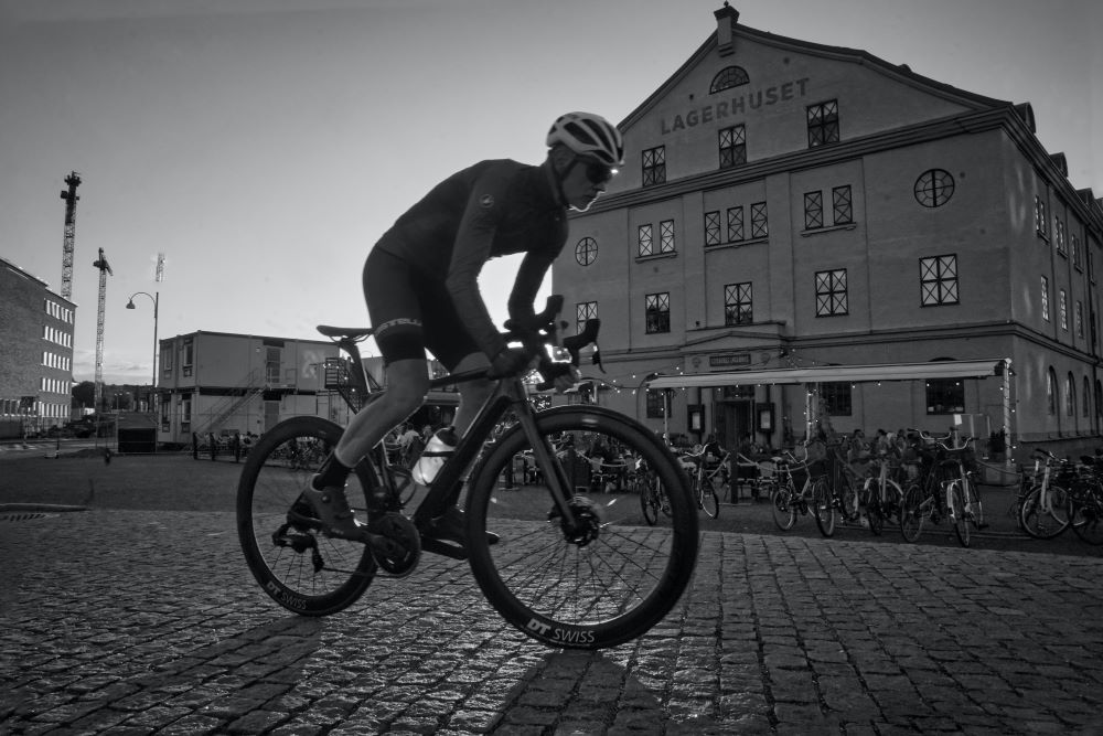 Bicycle racer in black and white