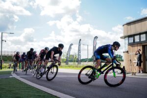 Cyclists racing around a track
